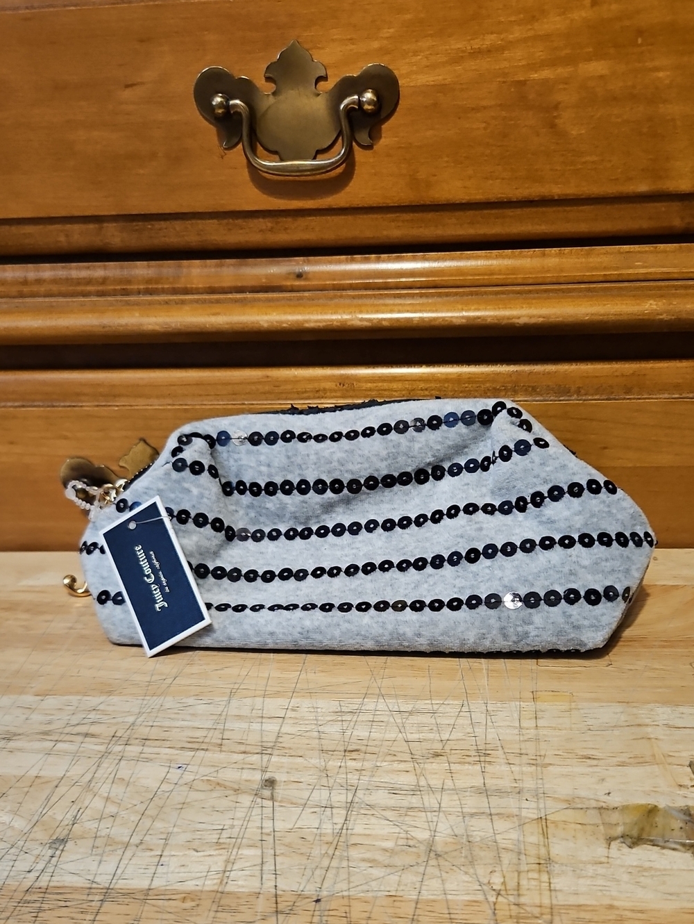Vintage Juicy Couture Travel Large Cosmetic Bag Gray Blue Sequins Velour NEW